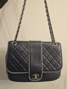 Chanel Navy Quilted Lambskin Flap Bag Silver Braided Trim Ruthenium Chain